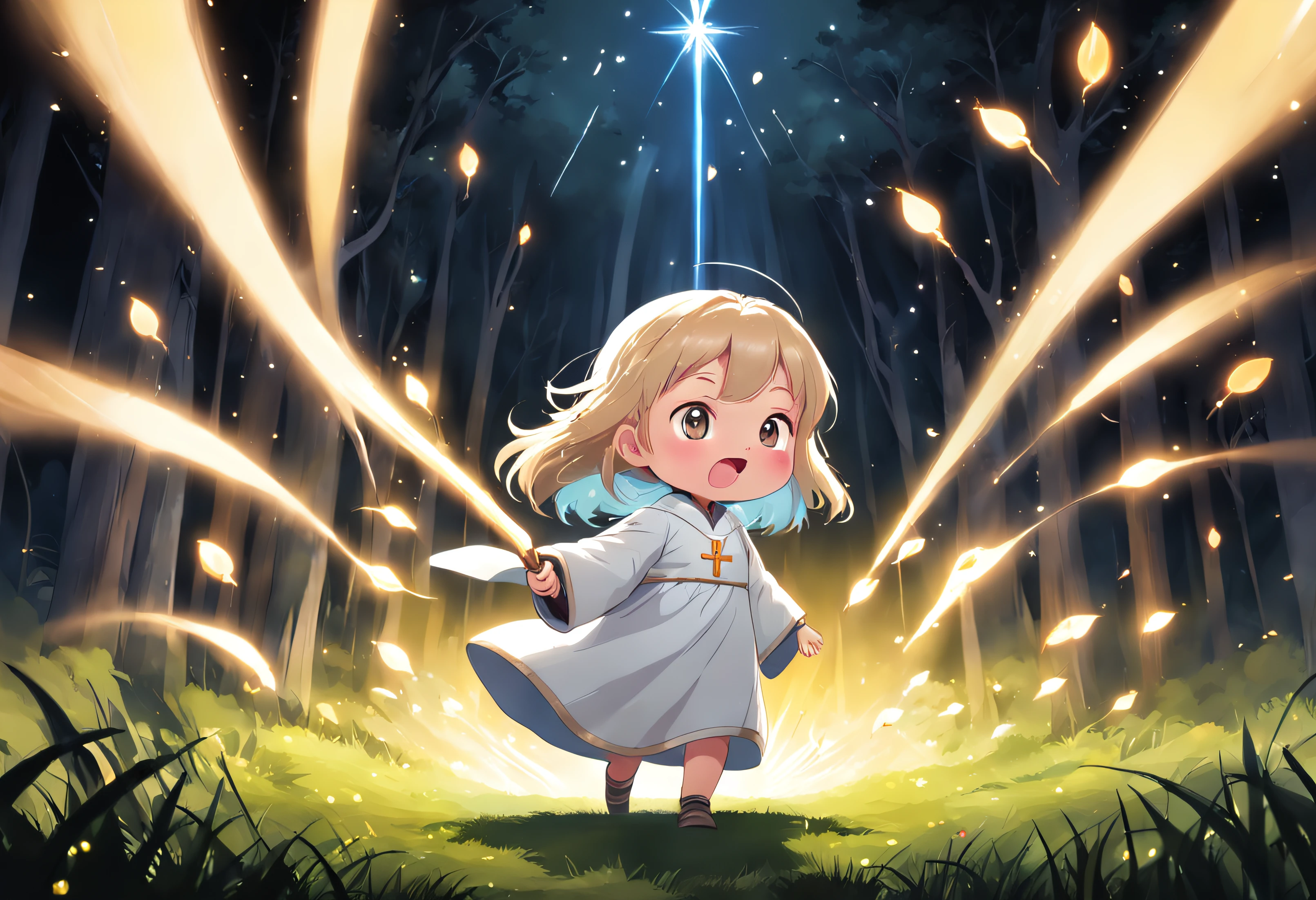 Cartoony,Chubby little girl in a white priest's robe,With a scepter,Glowing fireflies around,,Cute and cute,KIDS ILLUSTRATION,Glow effects,Dingdall effect,depth of fields,high light,Real light,Ray traching,oc rendered,Hyper-realistic,best qualtiy,8K,Works of masters,super-fine,Detailed pubic hair,Correct anatomy,sharp focus on eyes,The facial structure is reasonable,Facial features are carefully depicted