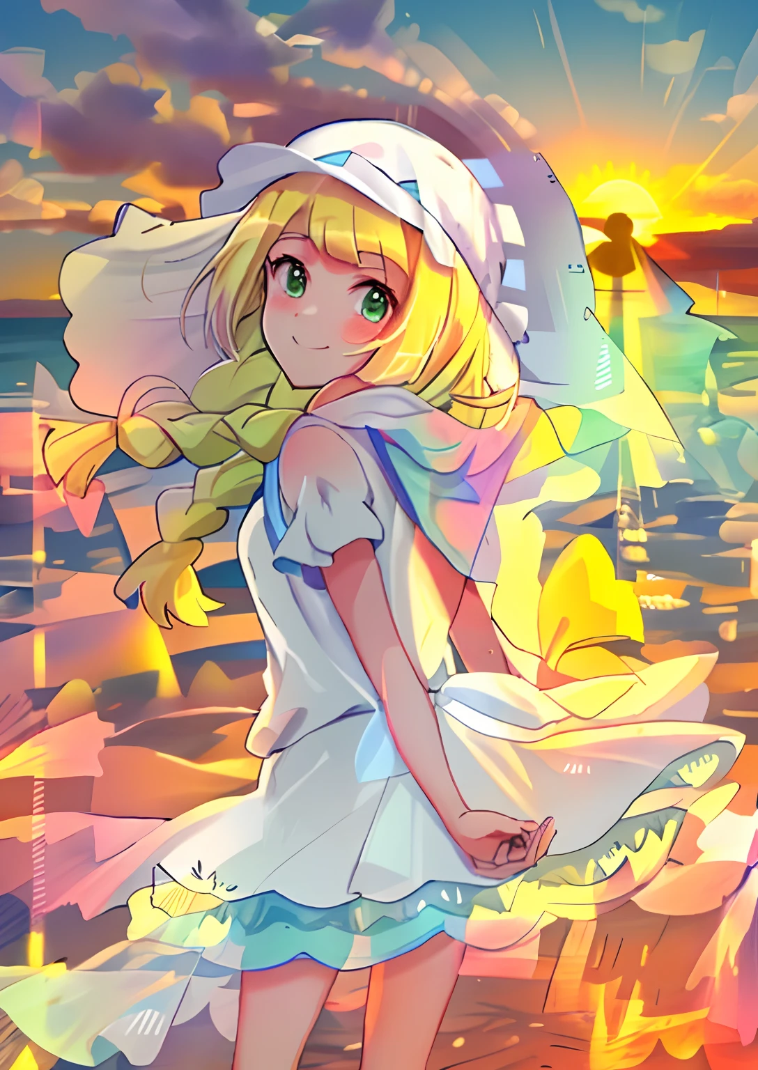 lillie\（pokemon\）， sea beach，White vistor hat in hand， 1girl, , single， standing， cowboy shot，Face away from the camera， looking back at you，Light blonde hair，Green eyes， smile， V arm， Own hands together， 2 braids，white shift dresses，best quality, masterpiece, Turn your back to your hand，sunset, the setting sun