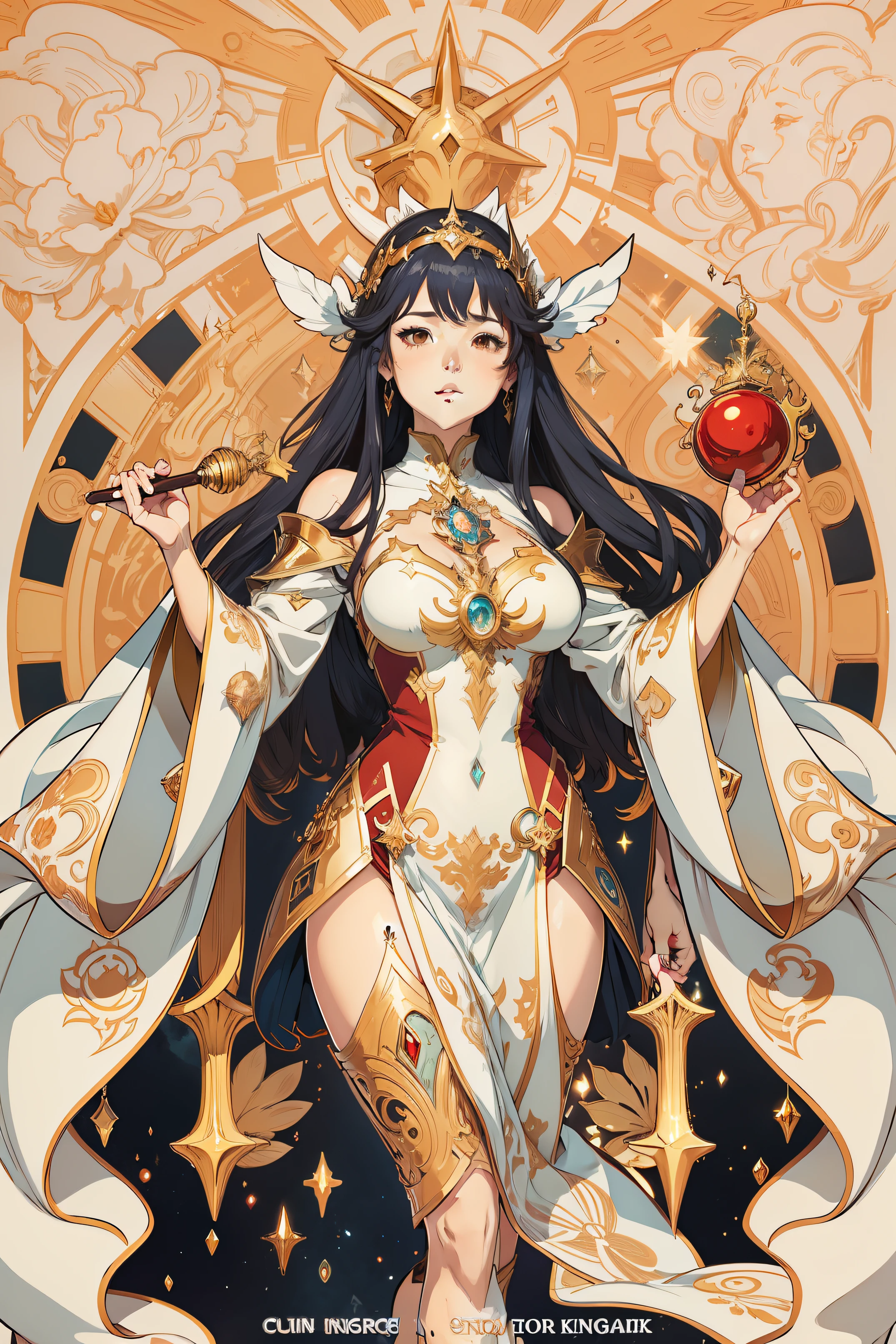 arafed image of a woman with a star in her hands, alphonse mucha and rossdraws, mucha style 4k, artgerm mucha, korean art nouveau anime, portrait knights of zodiac girl, goddess. extremely high detail, anime fantasy illustration, detailed digital anime art, gorgeous goddess of leo, anime art nouveau, talor liner, stick liner, clear line. perfect post leg and shose. backgourd no face. red gold outfit .