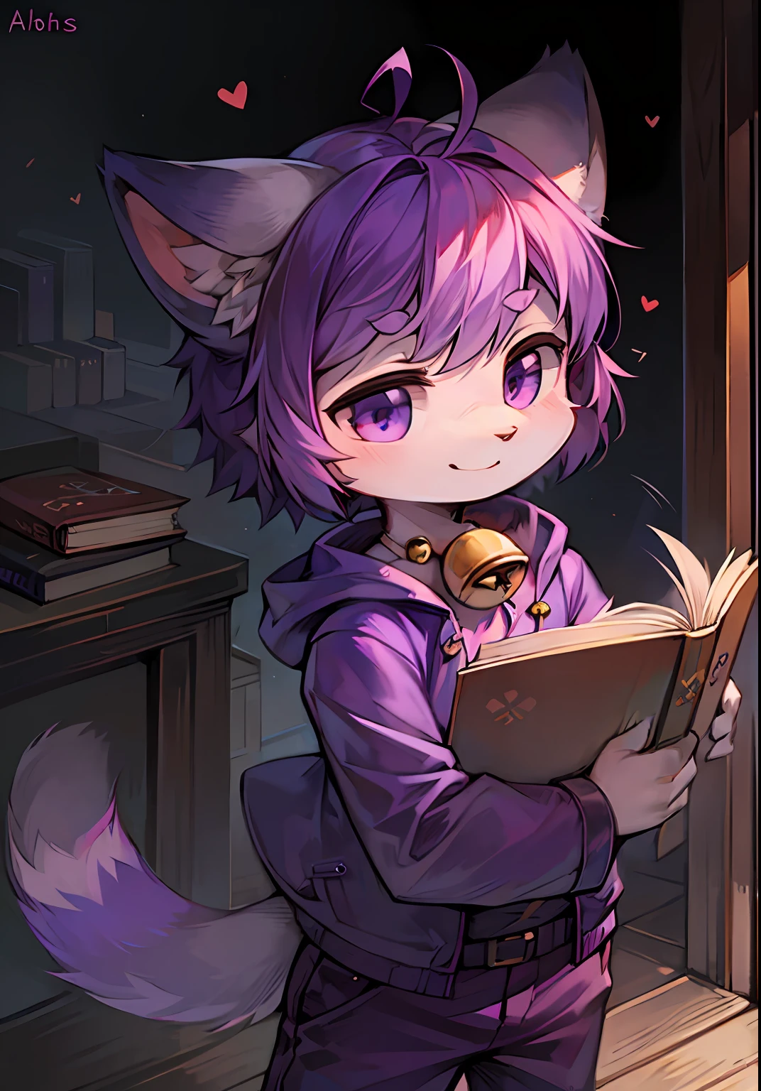 Den, handheld book, short hair, purple hair, ahoge, bell, child, furry, cat ears, smile, no spots, cubs, purple fur everywhere, cat ears, cat type, big fluffy tail, masterpiece, high quality portrait, humanoid, cub, psychic boy, wind, purple coat, purple color trousers, super cute face, 1024x1024
