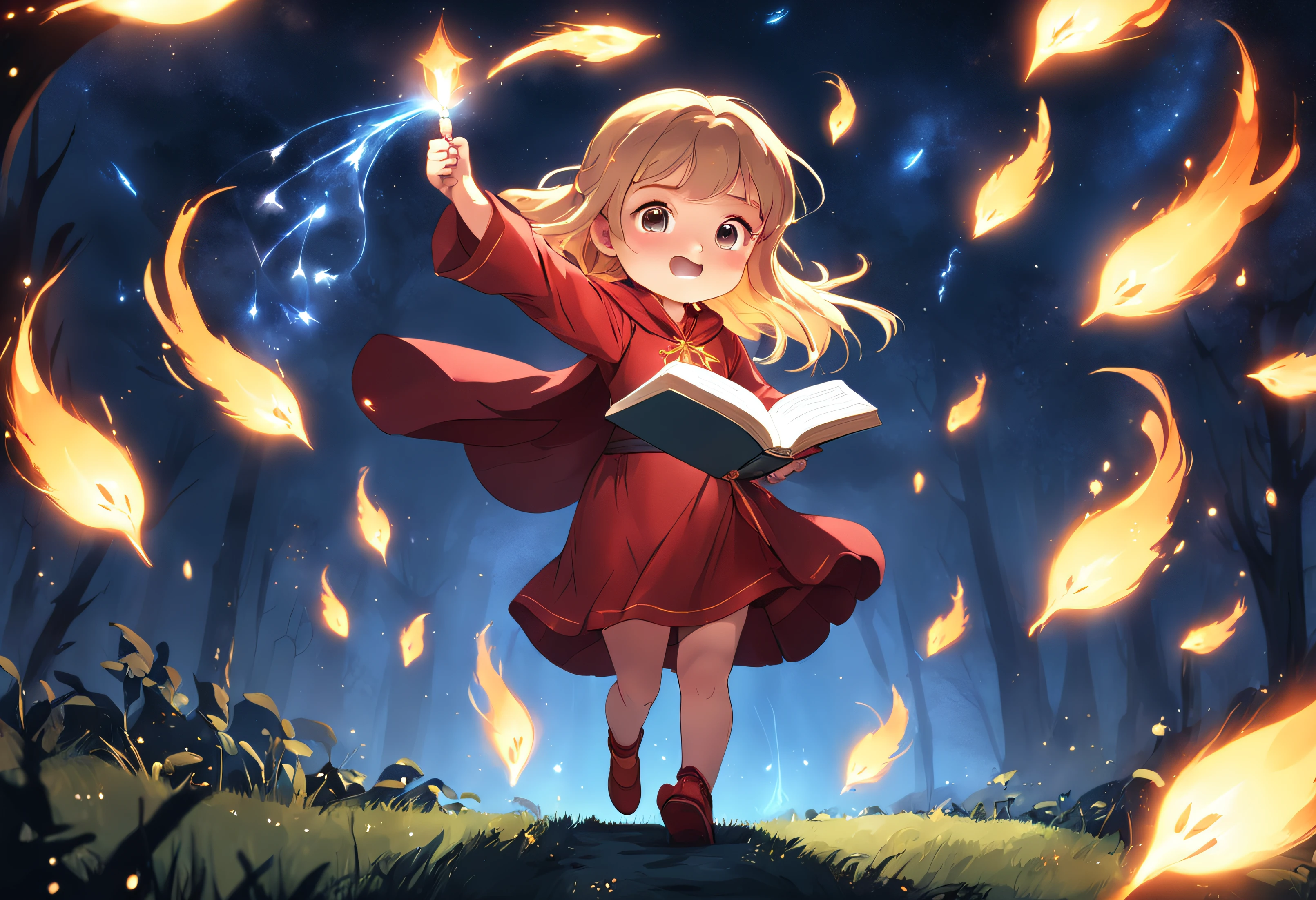 Cartoony，Chubby  in a red mage robe，pony tails，With a magic book，The fireball is in hand，Glowing fireflies around，，Cute and cute，KIDS ILLUSTRATION，Glow effects，Dingdall effect，depth of fields，high light，Real light，Ray traching，oc rendered，Hyper-realistic，best qualtiy，8K，Works of masters，super-fine，Detailed pubic hair，Correct anatomy，sharp focus on eyes，The facial structure is reasonable，Facial features are carefully depicted