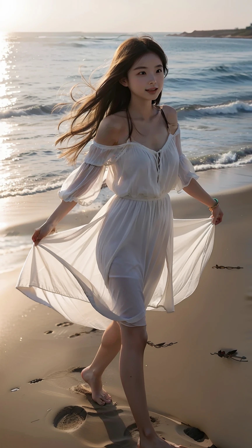 On the sandy beach，There is a free girl，She is full of energy，Exudes sunshine-like enthusiasm。She is tall and well-proportioned，With a healthy curve。Her complexion was slightly bronzed by the sun，Exudes a healthy glow。Her hair is a flowing and natural blonde，Gently blown on her shoulders by the breeze。Under the sunlight，Her hair shimmered with golden light，As enchanting as the waves。Her face has soft lines，He has bright and agile eyes，Like two clear aquamarines。There is courage and adventurous spirit in the eyes，People can't help but be attracted by her charm。Her slight smile stayed on the corners of her mouth，Exudes warmth and joy。Her lips are rosy and plump，The desire to give a soft touch。She wore a light white dress，Relax in the breeze。The skirt gently rippled with her every movement，Showing her free personality。She stepped barefoot on the soft sand，It conveys a pure sense of connection with nature。
She doesn't have much decoration on her，Wearing only a string of shell bracelets，The beauty of nature shines in the sun。She exudes an aura of tranquility，It was as if the breath of the sea was deeply integrated with her。
This free girl walks freely on the beach，She is a child of the sea，Live out the freedom and dancing of the sea breeze。Her detailed appearance and clothing exude a beauty that blends with nature。