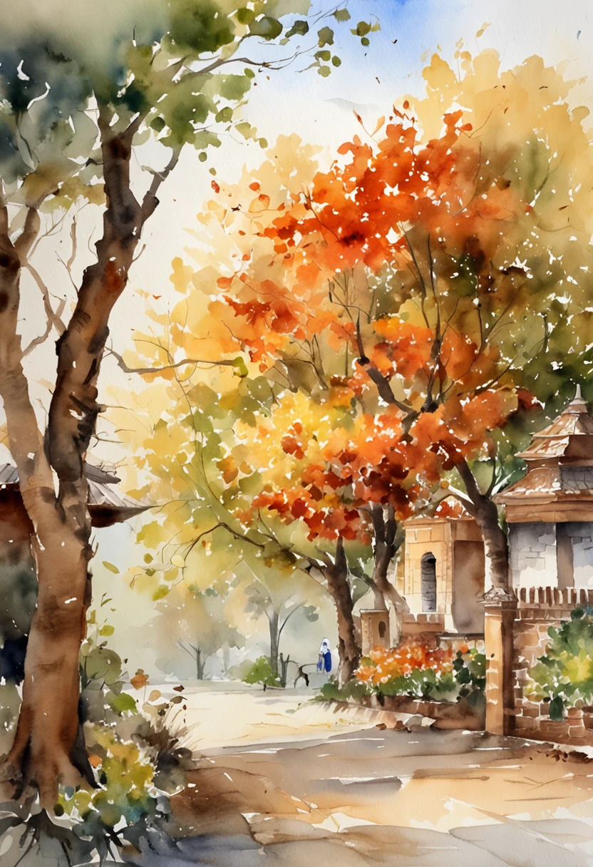 Old residential area,Red brick building,Big banyan tree,Clean the pavement,Fallen leaves,autumnal,in the early morning,Light yellow tone,super-fine,Carefully portrayed,high qulity,8K,