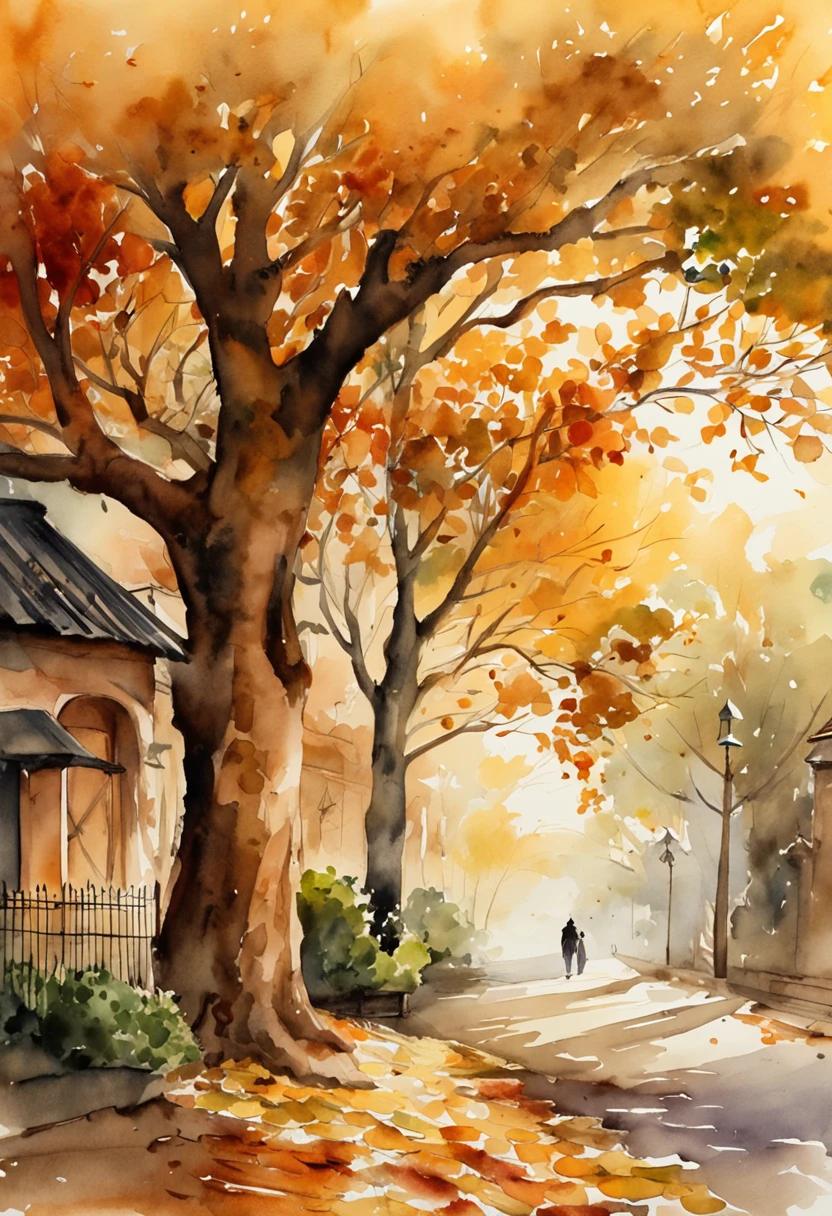 Old residential area,Red brick building,Big banyan tree,Clean the pavement,Fallen leaves,autumnal,in the early morning,Light yellow tone,super-fine,Carefully portrayed,high qulity,8K,