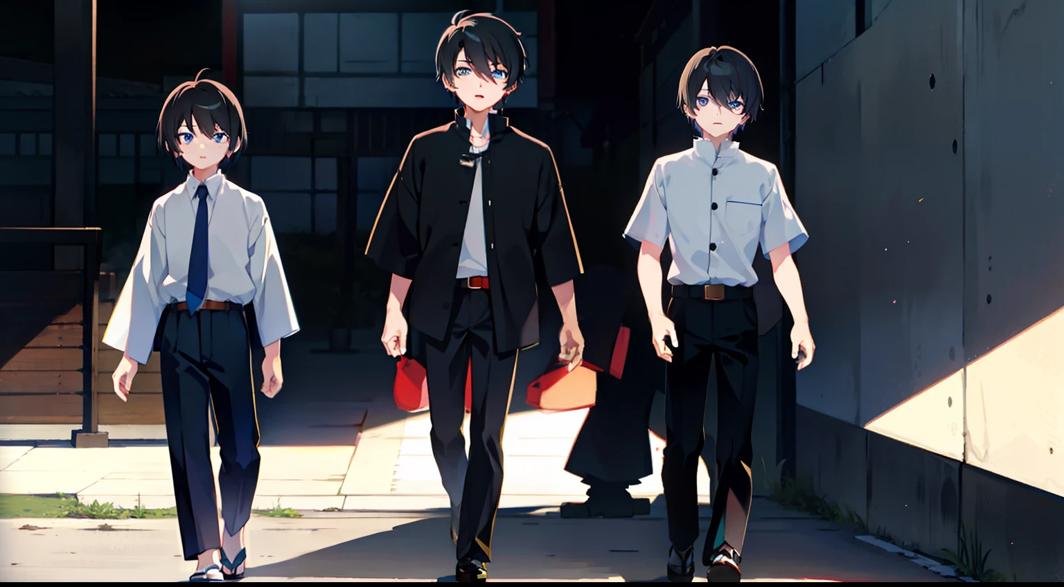 Japanese cartoon style, the best quality, Perfect composition, front, light and shadow, An eighteen - year - old boy, short black hair, blue eyes, wearing a white shirt, Walking in the street