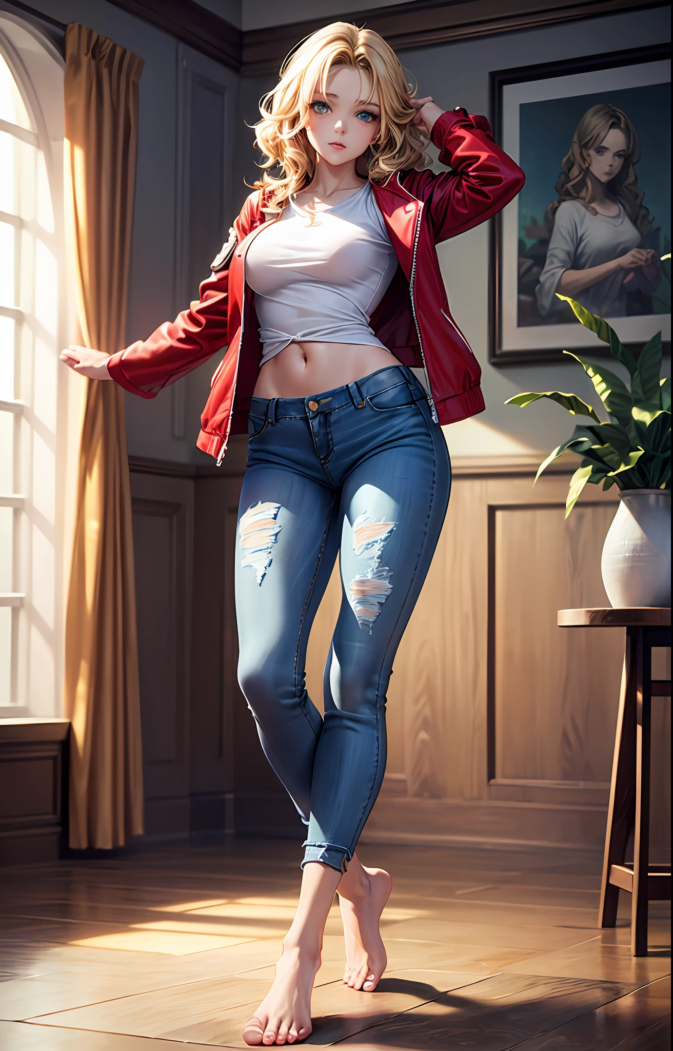 masterpiece, extremery magnificent view, perspective, extremery best quality, extremery detailed CG, 8k wallpaper, high resolution, highly detailed face, highly detailed eyes, perfect anatomy, super detailed skin,
(dynamic angle, dynamic pose:1.2), indoors, living room, window and plants, (portrait, legs focus, full body), (beautiful face, beautiful eyes, beautiful legs:1.3),
1 girl, solo, (white t-shirt, red jacket, skinny jeans:1.3), medium breasts, blonde hair, short hair, floating hair, wavy hair, open forehead, parted bangs, (barefoot:1.3), green eyes, (flared jeans:1.3), (navel:0.8), skinny, slender, wide hips, thin waist