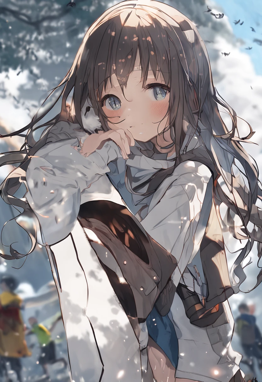 best qualtiy，highly  detailed，tmasterpiece，ultra - detailed，1girll，Full body like，simplebackground，blue sky background，Elaborate Eyes，Brown-black hair，blue colored eyes，a white sweatshirt，Translucent sweatshirt，simple clothes，Wrapped buttocks，White tender long legs，short detailed hair，Lively and cheerful，female high-school student，Water spirit eyes，White skin and beautiful appearance，Melon seed face，Little sister，short  skirt，White miniskirt，Laughing expressions，grin face