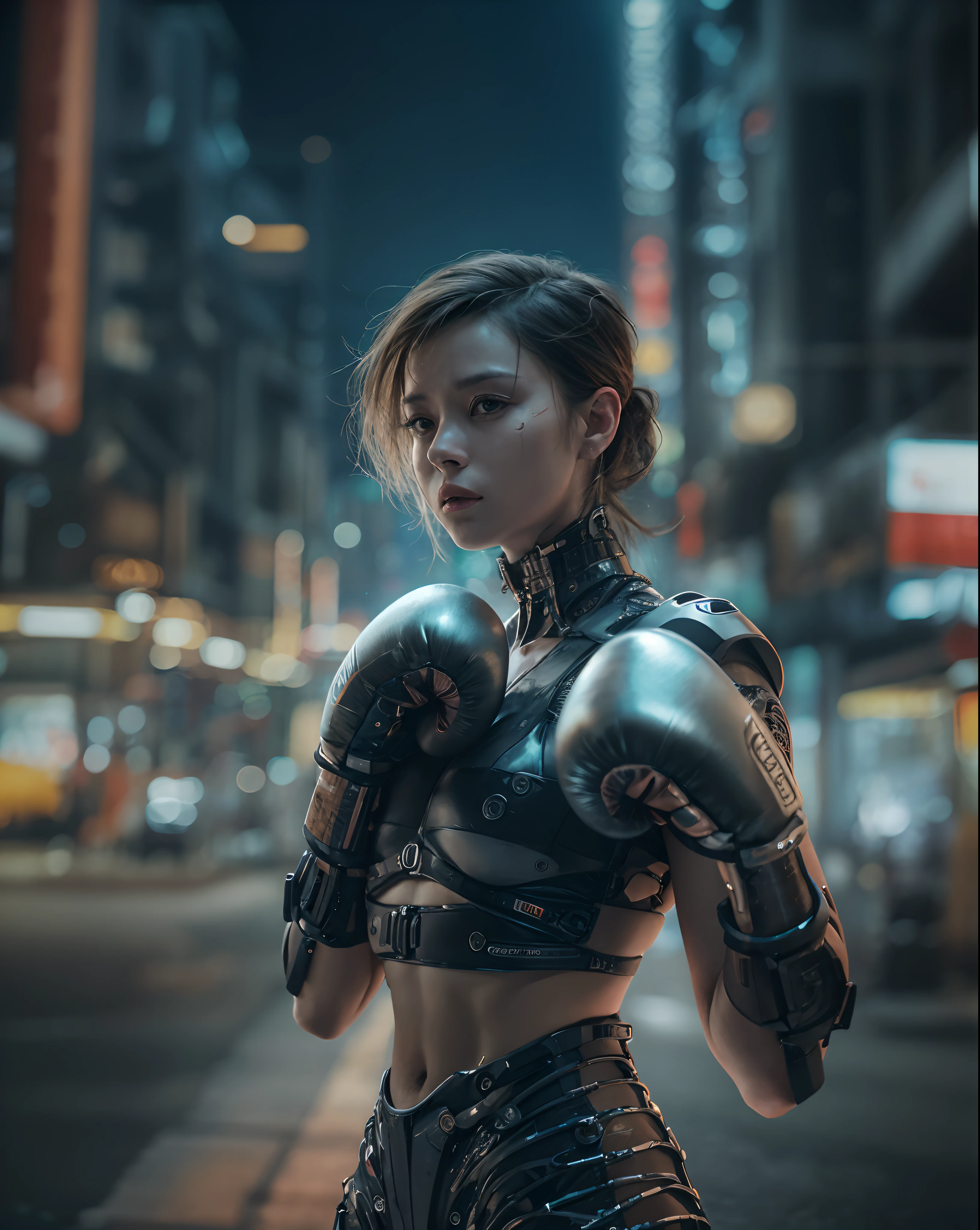 Boxing Girl, boxing glove, cinematic colorgrading film, dramatic scenes, photography, RAW, Masterpiece, ultra wide angle, Ultra Fine Photo, Best Quality, Ultra High Resolution, Photorealistic, volumetric light, Stunningly Beautiful, half body, Delicate Face, Vibrant Eyes, RAW photo, (Highest quality:1.3), (sharp focus:1.5), (skin_textures:1.2), (photorealistic:1.3), (highly detailed skin), (detailed face), (high detailed skin:1.2), (glistening skin:1.15), glossy, cyborg arms, reelmech, cyberpunk, night, cyborg arms,  cyberpunk cityscapes