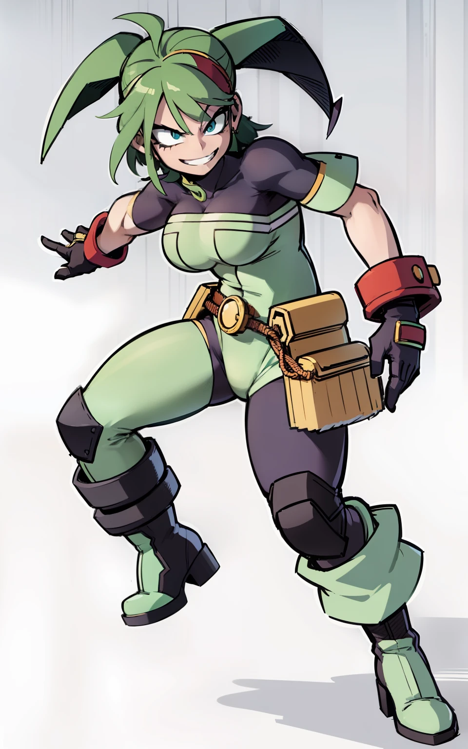 My Hero Academia style, anime Girl, female, Izuku Midoriya, wide thighs, wide hips, Large breast, muscular woman, trending on artstation pixiv, (full body shot:0.5), Masterpiece, fullbody suit, Hero costume, Perfect Anatomy, Super Detailed, harlequin costume, harlequin hat, two tone suit, purple and green suit, two tone boots, green and purple boots, harlequin boots, Evil smile, smug, looking at viewer,