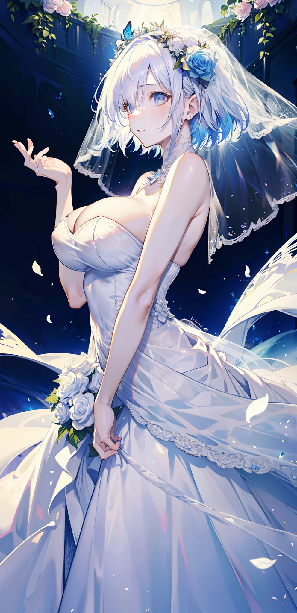 silber hair，butterflys，long whitr hair，white wedding gown，8k wallpaper，detailedbackground，Highest high resolution，deep v big breasts，Hair covers one eye，Bandeau wedding dress，chies，White rose，tight-fitting，