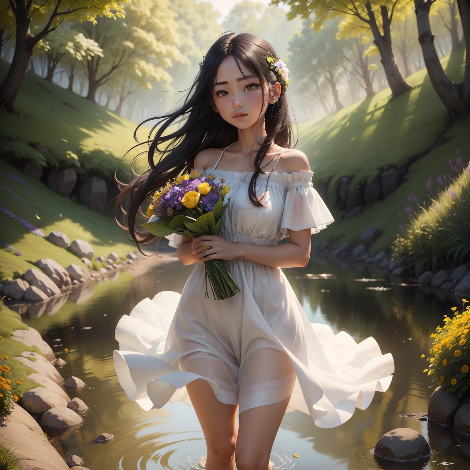 Ethnic girl standing by the stream, The long white dress gently draped over her pretty little legs. When dusk falls, Golden sunlight spreads evenly throughout the scene, Create a warm and romantic space. She looked up at the sky, Long silky hair that flew in the wind, Create an image full of charm and tenderness.

Ethnic girl with sparkling eyes, high nose and soft lips. She was holding a bouquet of wildflowers, flaunting with blooming petals. The purple petals, Red and yellow stand out against the green background of the grass, Create a beautiful picture.

Birds hovering in the sky, Create calming and relaxing sounds. This scene makes the girl look so sexy and seductive.