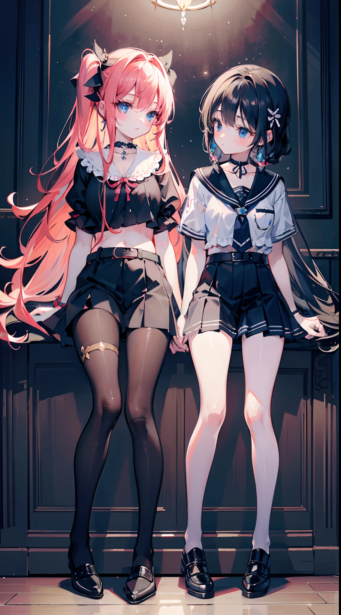 ,twins, Masterpiece,Best quality,offcial art,Extremely detailed Cg Unity 8K wallpaper, 2girls, cute female child, Yuri, hair adornments, Short shorts, Crop top, Pantyhose, ribbon_choker necklace, leg belt,