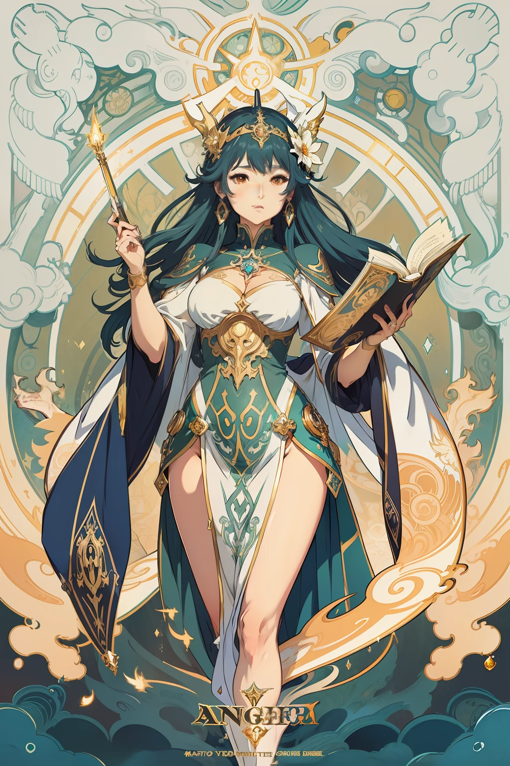 arafed image of a woman with a book spell light in her hands, alphonse mucha and rossdraws, mucha style 4k, artgerm mucha, korean art nouveau anime, portrait knights of zodiac girl, goddess. extremely high detail, anime fantasy illustration, detailed digital anime art, gorgeous goddess of leo, anime art nouveau, talor liner, stick liner, clear line. perfect post leg and shose. backgourd no face. green gold outfit .
