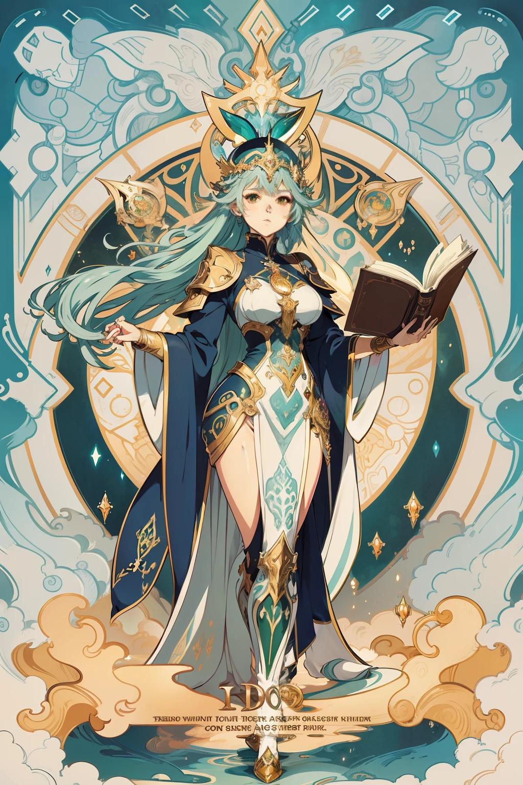arafed image of a woman with a book spell light in her hands, alphonse mucha and rossdraws, mucha style 4k, artgerm mucha, korean art nouveau anime, portrait knights of zodiac girl, goddess. extremely high detail, anime fantasy illustration, detailed digital anime art, gorgeous goddess of leo, anime art nouveau, talor liner, stick liner, clear line. perfect post leg and shose. backgourd no face. green gold outfit .