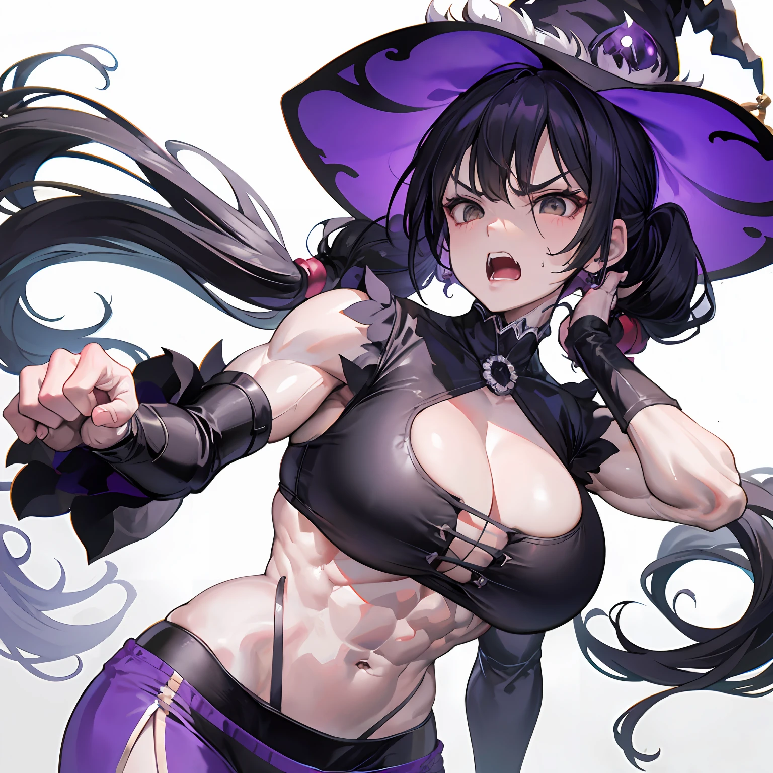 old woman,witch,muscular,abs,large pectorals,biceps,black hair,twin tail,open mouth,angry,white eyes