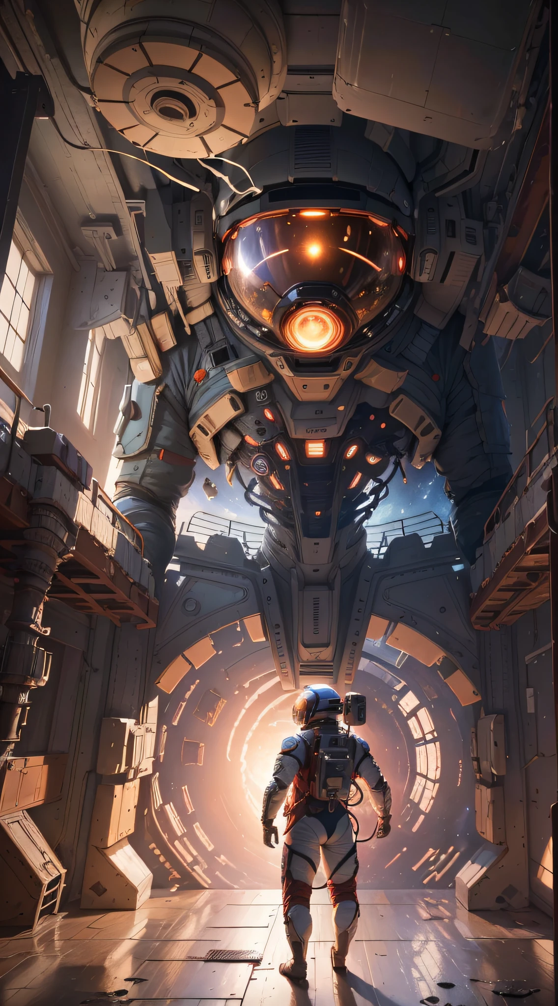 ((Masterpiece)), (Best Quality)), 8K, high detail, hyper-detail, the painting depicts a scene of breathtaking magnificent spatial images. The picture shows a man wearing a spacesuit, facing back, looking at a red glowing planet in space. The scenes are extremely detailed and the clarity is extraordinary, capturing every intricate detail of the panorama.