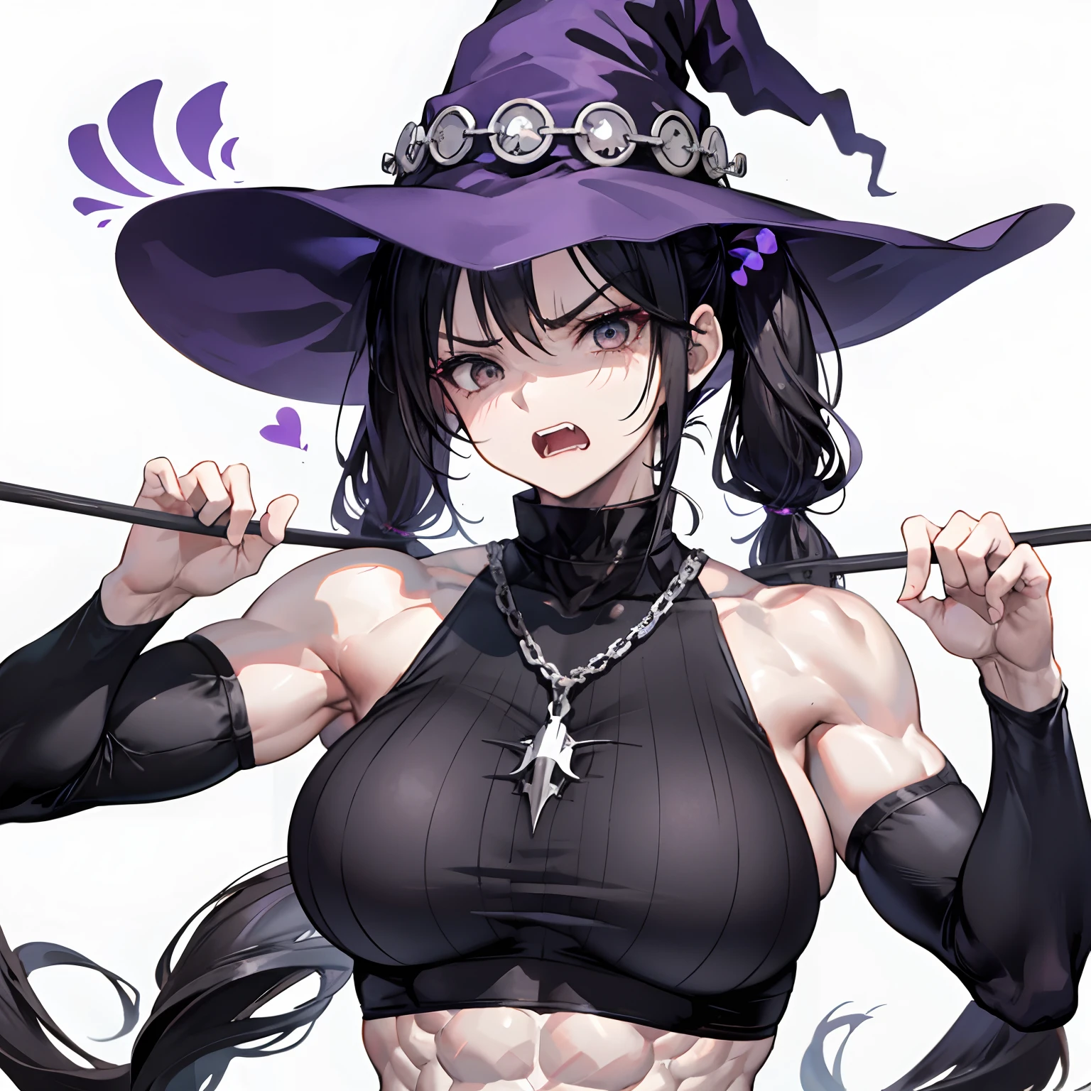 old woman,witch,muscular,abs,large pectorals,biceps,black hair,twin tail,open mouth,angry,white eyes