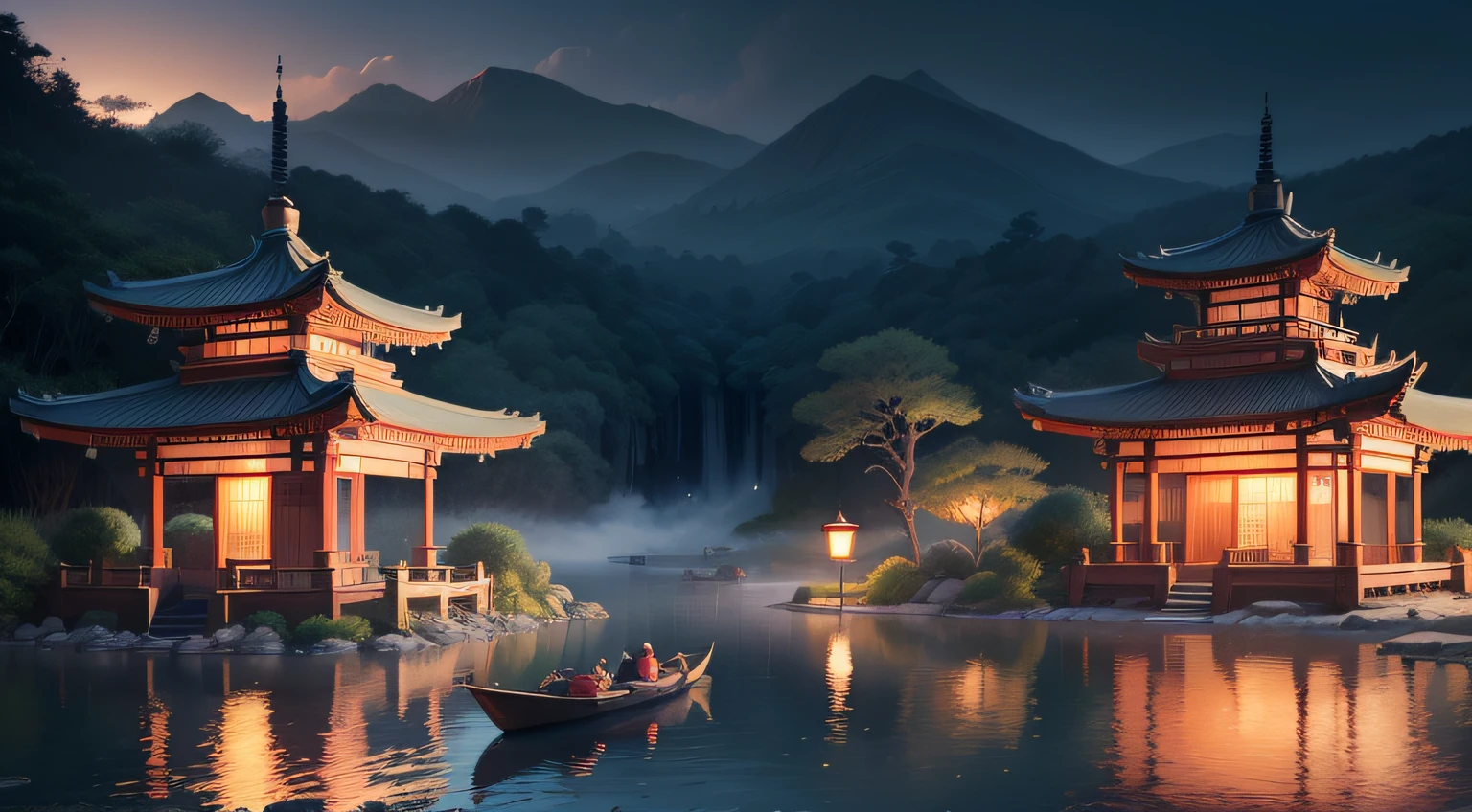master part, best quality, Estilo de artes marciais chinesas, Asian night view with lanterns and water lilies, Night view of the Asian lagoon with many lanterns and boats with many lights and boats on the water, lago, lotuses, bela vista noturna, (((Estilo de artes marciais chinesas))), Vast sky, mountain cliffs, Estilo de tinta, Luz de contorno, atmospheric atmosphere, profundidade de campo, Rising fog, bambu, pine tree, octagonal stone pavilion, waterfall flowing water, lua cheia grande,