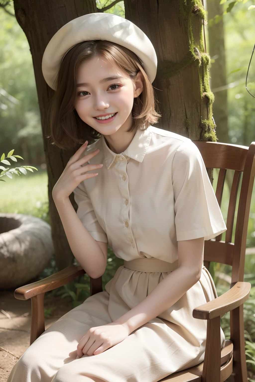 Photo Real、photoRealstic、top-quality、8K　Beige hair、short-haired、Hair bouncing outward、Bounced hair、Messy bouncing hair、beret　The contours of the face are round、small mouth、a small face、long eyes、elongated eyes、Young Face、a baby face、Topping Face　Fashionable clothes、Clothes with a white collar、Beige long skirt、Long skirt　sixteen years old、young body、skinny  body、Beautiful skins　Laughing、Facial expressions to enjoy、Laughing expression、Have fun、Sit tastefully　Background with、in woods、Sunlight shines in、Shade、beautiful forest、Wooden chair