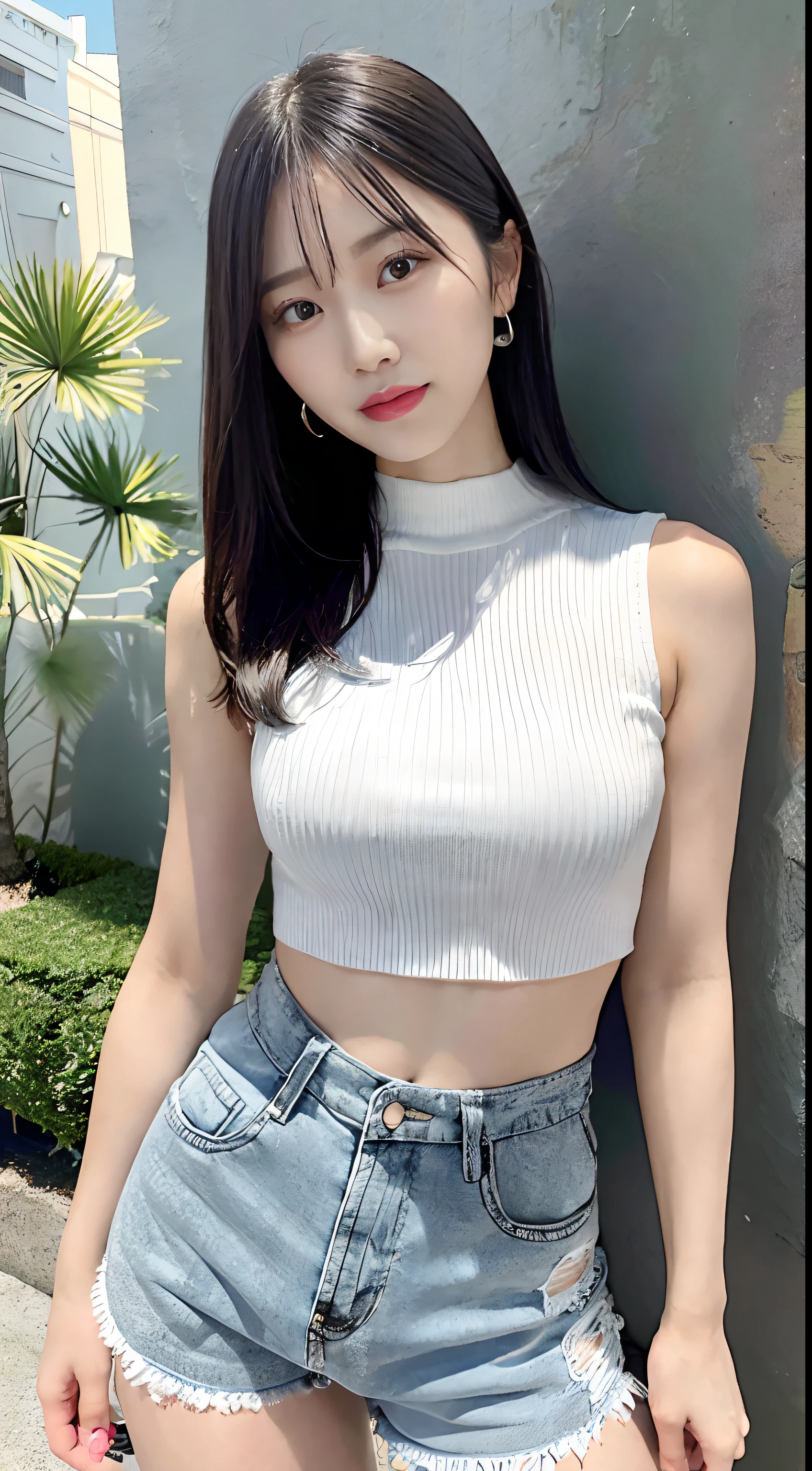 Gray-haired asian woman,Wear a white top and blue shorts,Leaning on a huge transformer, photo of slim girl model, Gorgeous young Chinese woman, photo of slim girl, Chinese girl, wearing a crop top, Beautiful Chinese woman, Beautiful young Chinese woman, beautiful midriff, wearing sexy cropped top, hot with shining sun, Thin waist, sexy body and sexy abdomen