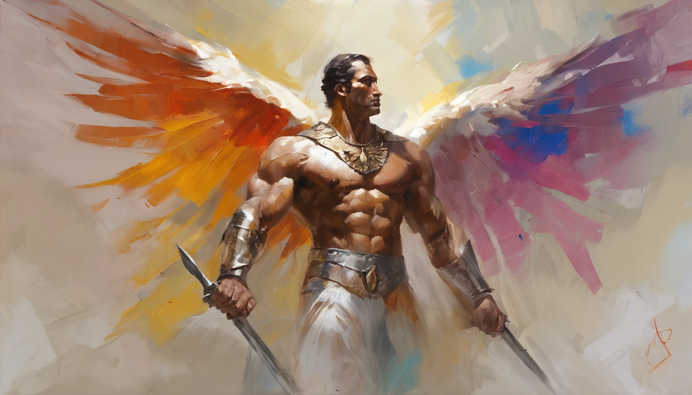 angel of God, strong, muscular, flying, realistic, perfect, with white wings, sword in hand, shield ::n_ Imperfection, anime, texto, boneco, jogo, low perfection, texto, assinatura