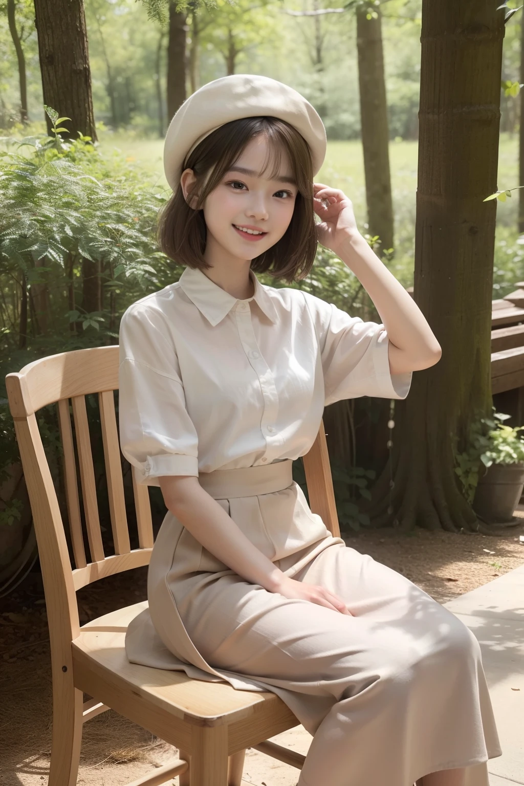 Photo Real、photoRealstic、top-quality、8K Beige hair、short-haired、Lots of bangs、Hair bouncing outward、Bouncing hair、Messy bouncing hair、beret The contours of the face are round、small mouth、a small face、long eyes、elongated eyes、Young Face、a baby face、Beautiful skin Fashionable clothes、Beige long skirt、Long skirt sixteen years old、young body、skinny body、Beautiful skins Laughing、Facial expressions to enjoy、Laughing expression、Have fun、Sit tastefully Background with、in woods、Sunlight shines in、Shade、beautiful forest、Wooden chair、Wooden Desk、vases