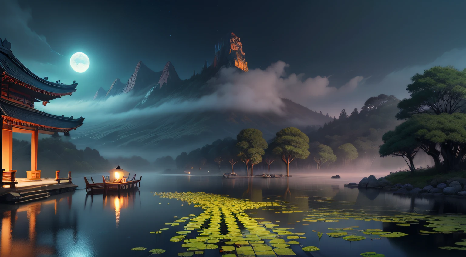 master part, best quality, Estilo de artes marciais chinesas, Asian night view with lanterns and water lilies, Night view of the Asian lagoon with many lanterns and boats with many lights and boats on the water, lago, lotuses, bela vista noturna, (((Estilo de artes marciais chinesas))), Vast sky, mountain cliffs, Estilo de tinta, Luz de contorno, atmospheric atmosphere, profundidade de campo, Rising fog, bambu, pine tree, octagonal stone pavilion, waterfall flowing water, lua cheia grande,