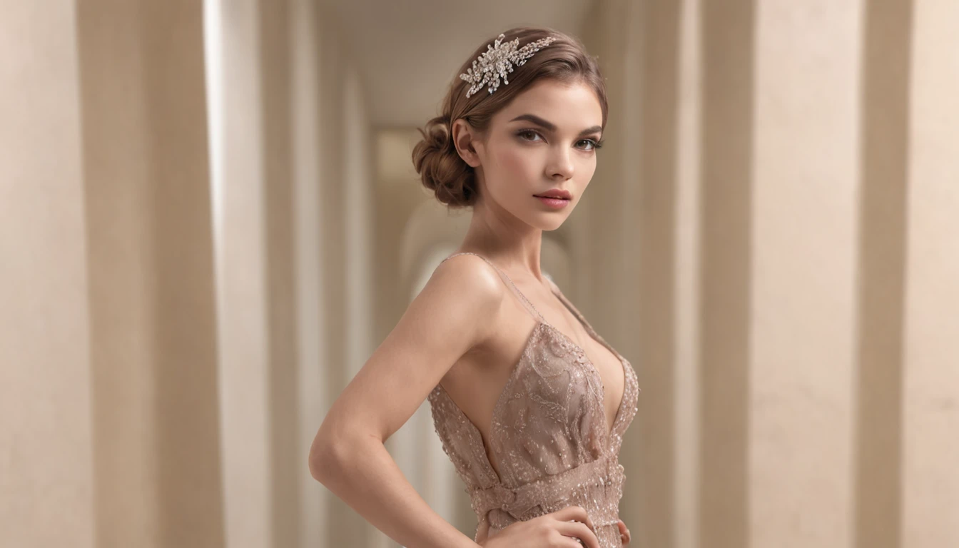 ((masterpiece)), ultra-high res, (photorealistic:1.4) (hyper-detailed:1.2) Produce a glamorous and high-fashion photograph capturing the allure and confidence of a woman strutting like a model in a hotel hallway, dressed provocatively and exuding a fashionable, stylish vibe, with post-processing techniques featuring Vogue-style retouching and dramatic lighting, psychedelic, Auroracore, Gen X Soft Club, fisheye, Game engine rendering, Grainy, Interactive, lime colors, Hatecore, glowing lighting, Studio quality