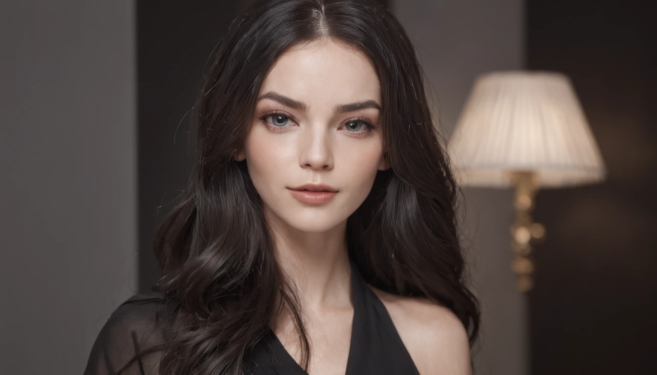 Hyper Realistic Photo, Full Body Walking, (OF A BEAUTIFUL WOMAN), Beautiful and detailed fascinations, captivating look with her beautiful gray eyes, Perfect anatomy, posing before a reflex camera, with natural and bright light, reflects the light and shines in her beautiful soft and slightly wavy black hair, fashionably dressed in black fashionable top and pants, a topmodel, with great self-confidence, 8K UHD, a masterpiece, 3D rendering