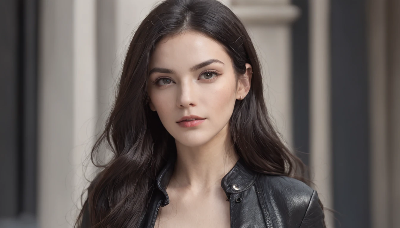 Hyper Realistic Photo, Full Body Walking, (OF A BEAUTIFUL WOMAN), Beautiful and detailed fascinations, captivating look with her beautiful gray eyes, Perfect anatomy, posing before a reflex camera, with natural and bright light, reflects the light and shines in her beautiful soft and slightly wavy black hair, fashionably dressed in black fashionable top and pants, a topmodel, with great self-confidence, 8K UHD, a masterpiece, 3D rendering