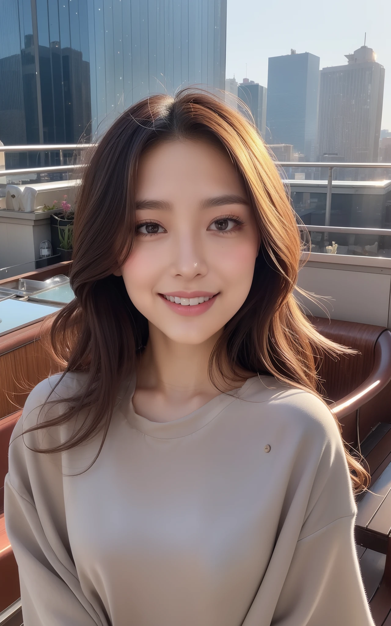masterpiece, ultra detailed, best quality, raw phot, (photorealistic:1.1), insanely detailed, 1girl, beautiful, smile, small breasts, brown midi detailed hair, (brown eyes), pale skin, from front, soft light, depth of field ,