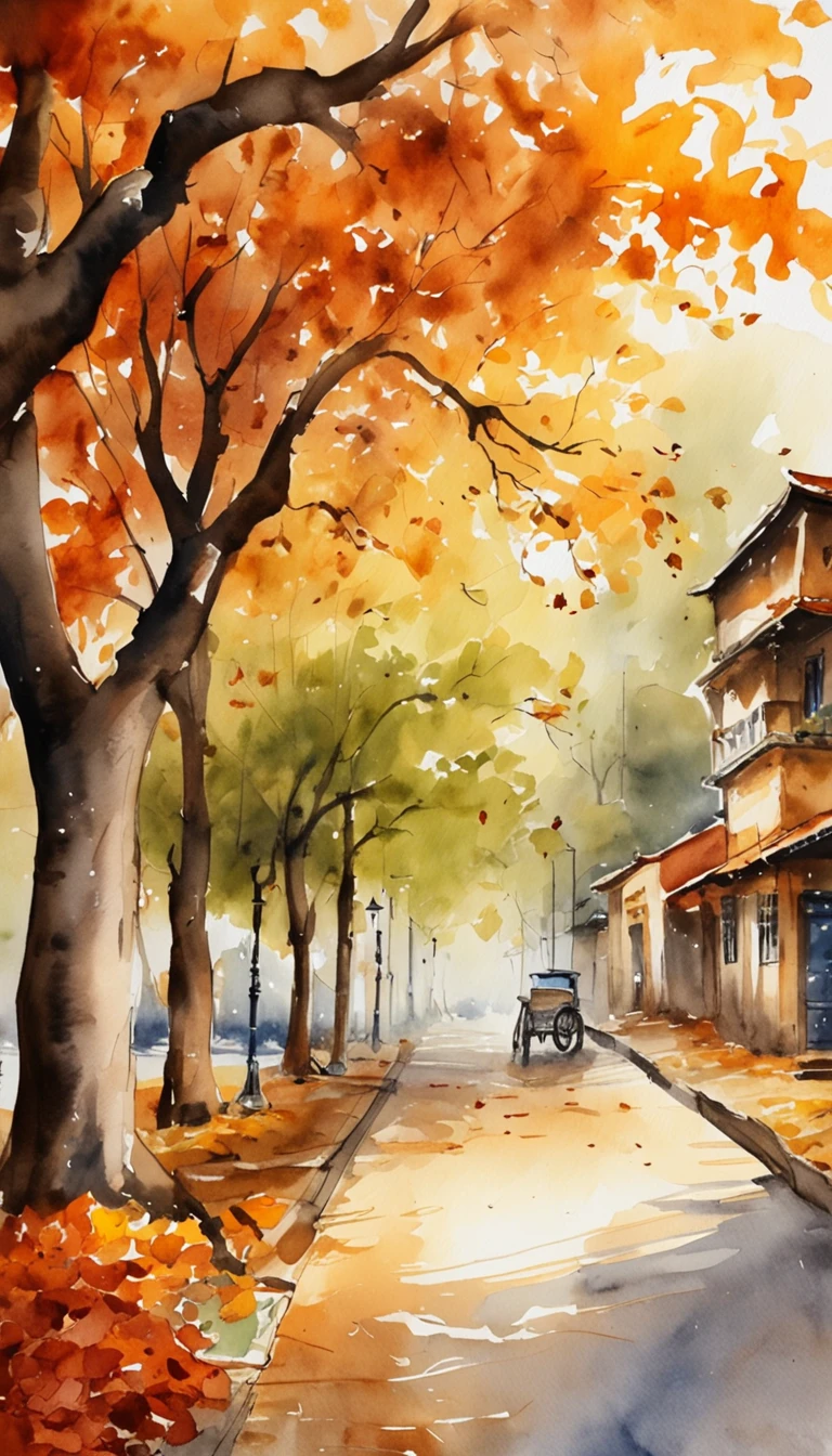 Old residential area,Red brick building,Big banyan tree,Clean the pavement,Fallen leaves,autumnal,in the early morning,Light yellow tone,super-fine,Carefully portrayed,high qulity,8K,