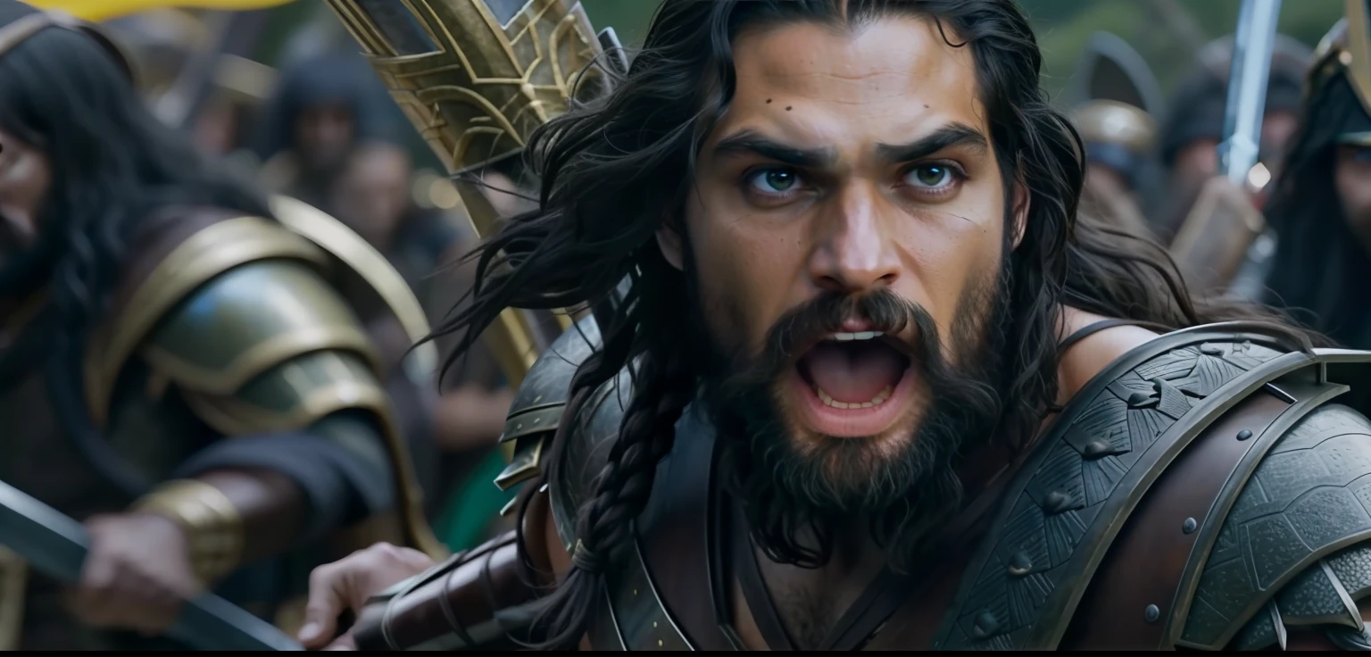 um homem com cabelos longos e barbas em uma batalha, jason momoa as assyrian, Henry Cavill como um guerreiro, Jason Momoa como Conan, na captura de tela do filme 300, biblical epic movie, Henry Cavill como um deus grego, henry cavill is a greek god, karl urban as a dragonslayer, Jereme Momoa como Tarzan