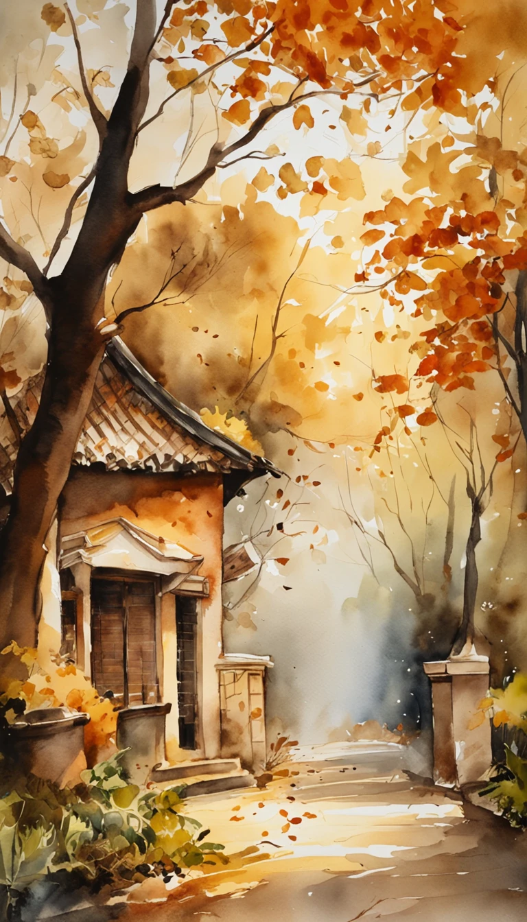 Old residential area,Red brick building,Big banyan tree,Clean the pavement,Fallen leaves,autumnal,in the early morning,Light yellow tone,super-fine,Carefully portrayed,high qulity,8K,