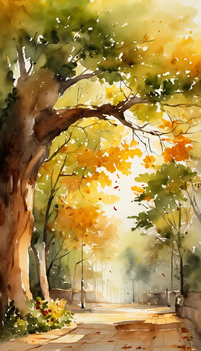 Old residential area,Red brick building,Big banyan tree,Clean the pavement,Fallen leaves,autumnal,in the early morning,Light yellow tone,super-fine,Carefully portrayed,high qulity,8K,