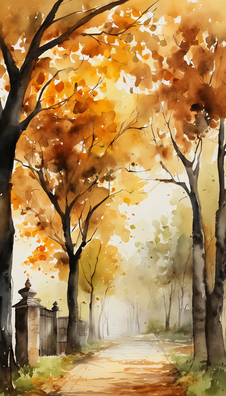 Old residential area,Red brick building,Big banyan tree,Clean the pavement,Fallen leaves,autumnal,in the early morning,Light yellow tone,super-fine,Carefully portrayed,high qulity,8K,