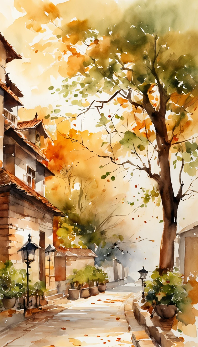 Old residential area,Red brick building,Big banyan tree,Clean the pavement,Fallen leaves,autumnal,in the early morning,Light yellow tone,super-fine,Carefully portrayed,high qulity,8K,