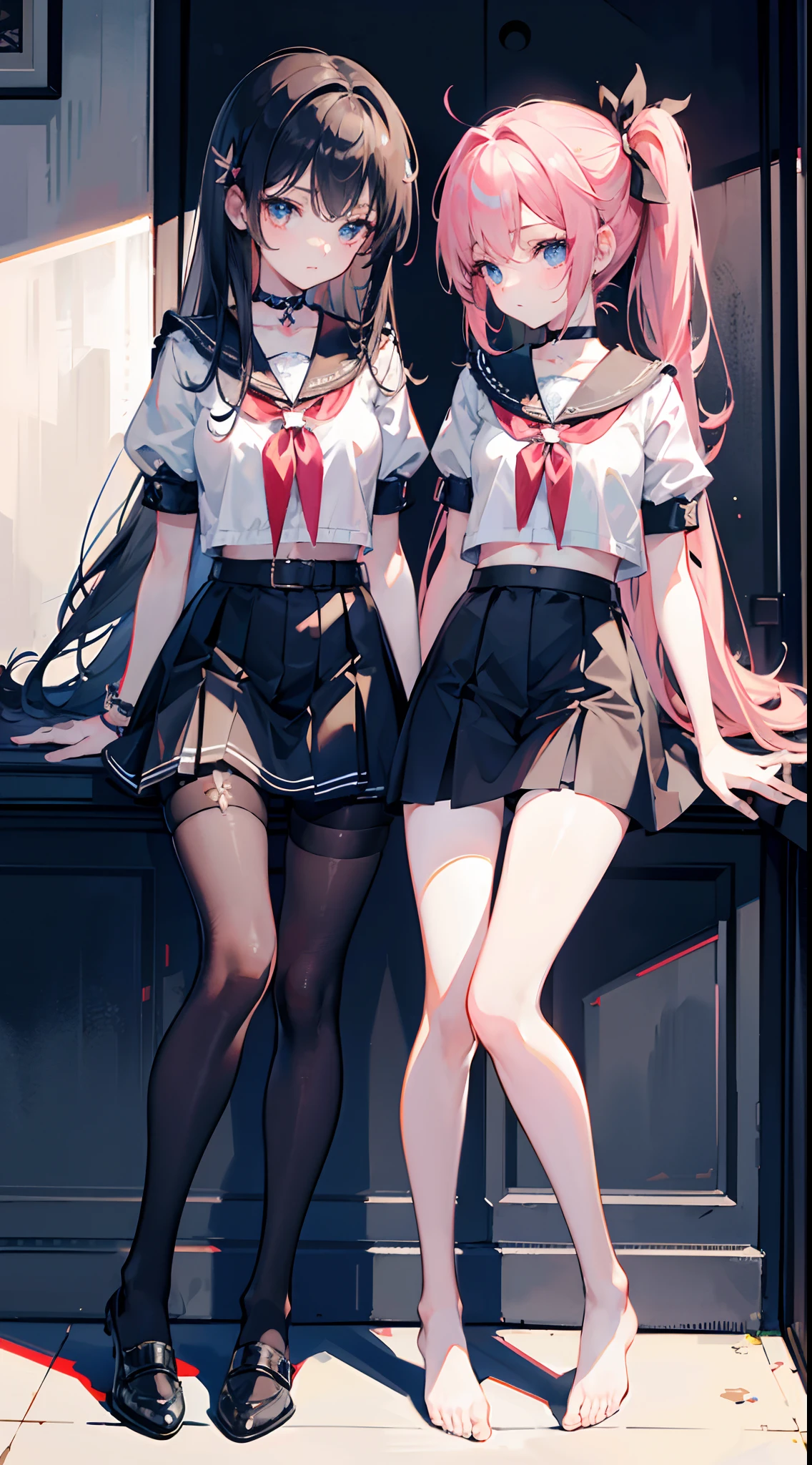 ,twins, Masterpiece,Best quality,offcial art,Extremely detailed Cg Unity 8K wallpaper, 2girls, cute female , Yuri, hair adornments, Short shorts, Crop top, Pantyhose, ribbon_choker necklace, leg belt,