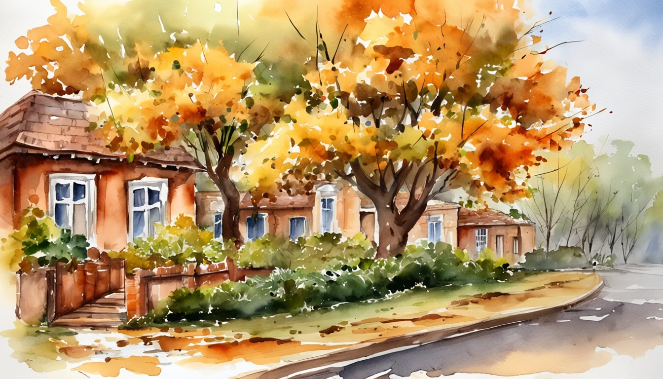 Old residential area,Red brick building,Big banyan tree,Clean the pavement,Fallen leaves,autumnal,in the early morning,Light yellow tone,super-fine,Carefully portrayed,high qulity,8K,