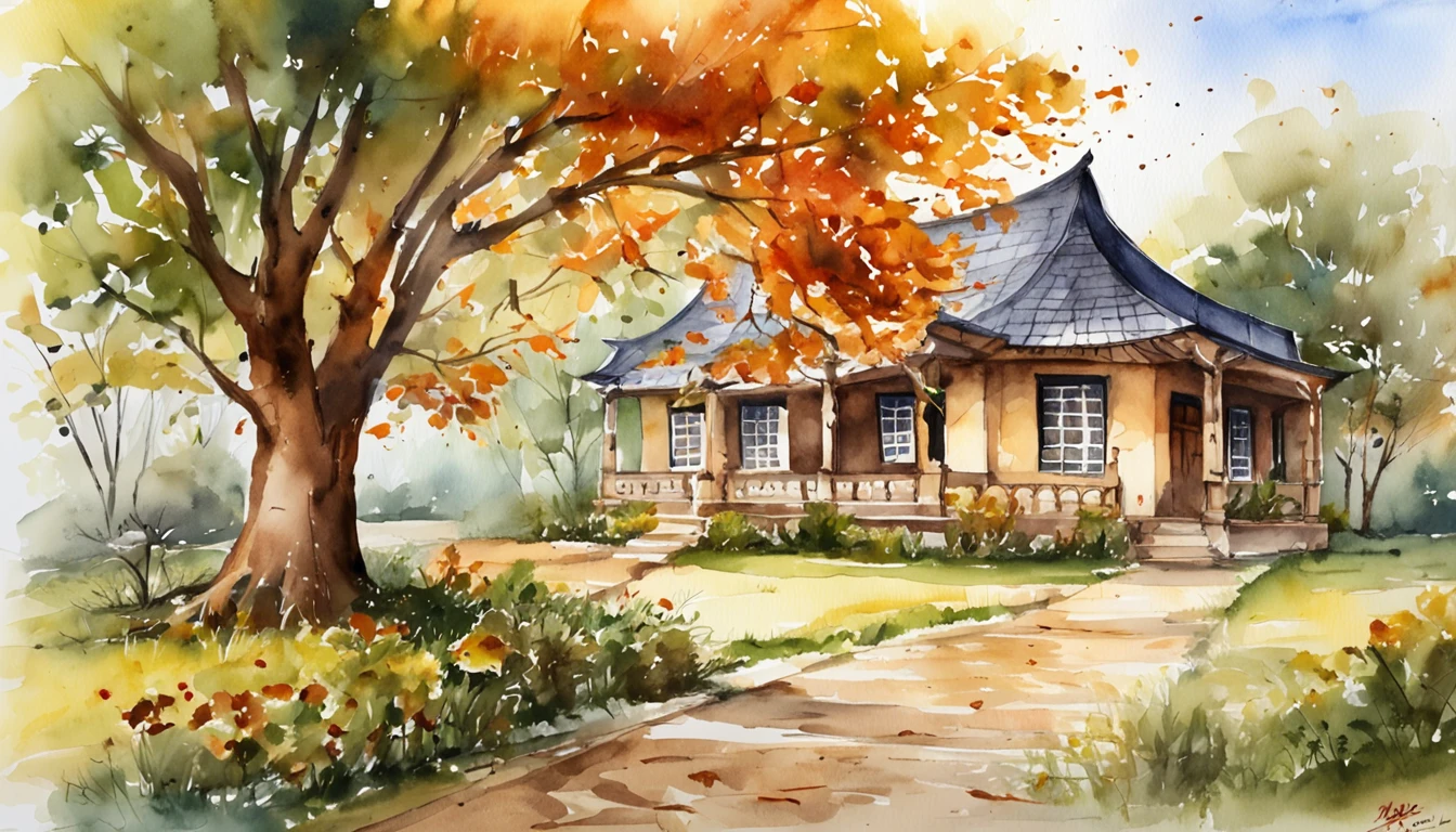 Old residential area，Red brick building，Big banyan tree，Clean the pavement，Fallen leaves，autumnal，in the early morning，Light yellow tone，super-fine，Carefully portrayed，high qulity，8K，