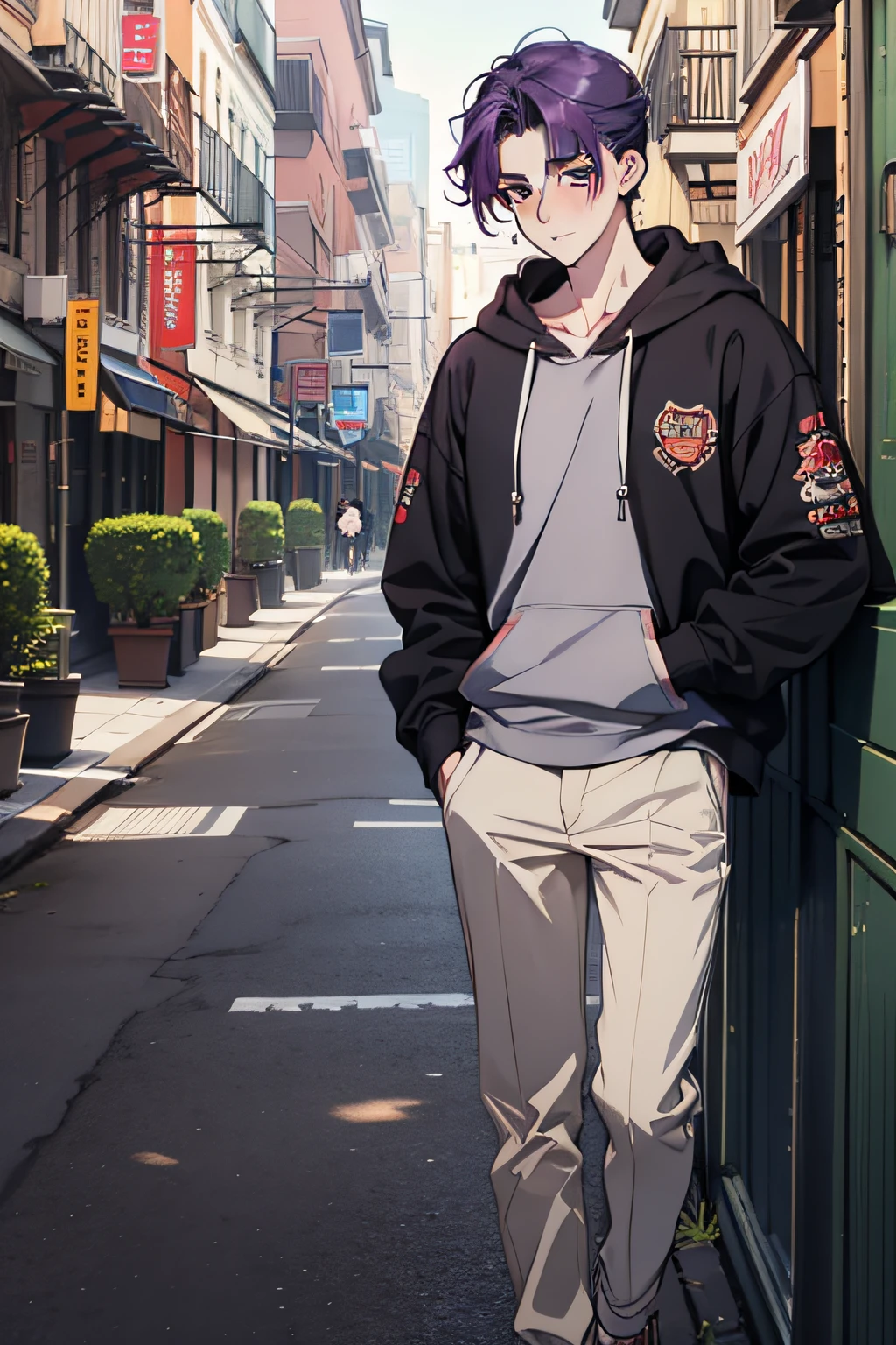 1 boy, twink, 21 years old, boy, universitary, handsome pale, mature, lean young man, smooth red skin, very smooth, dan-kim, teenboy, grey hoodie, well proportioned, cute, blushing, front face, yaoi. submissive, horny face, fragile boy, purple hair, manhwa style, mingwa