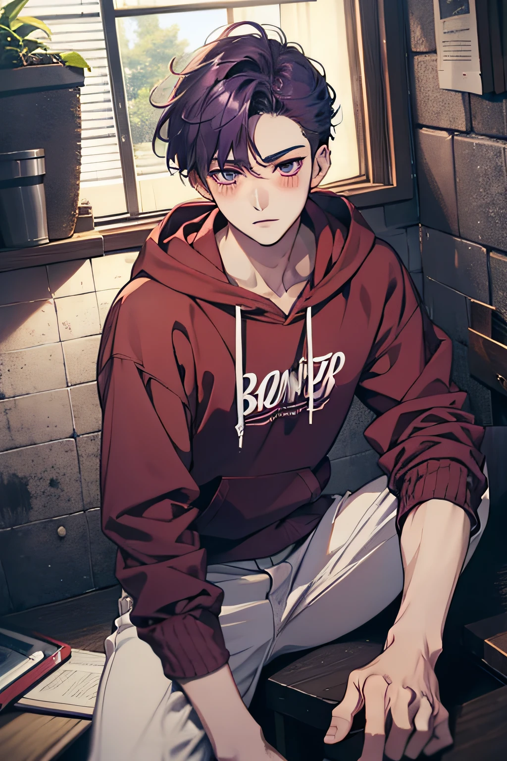 1 boy, twink, 21 years old, teen boy, universitary, handsome pale, mature, lean young man, smooth red skin, very smooth, dan-kim, teenage boy, grey hoodie, well proportioned, cute, blushing, front face, yaoi. submissive, horny face, fragile boy, purple hair, manhwa style, mingwa