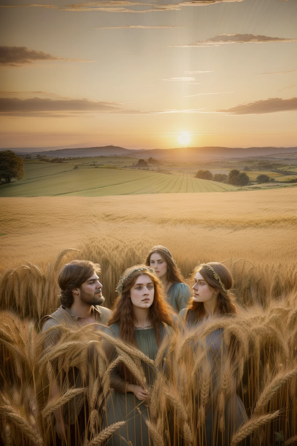 (((Pre-Raphaelite painting large amount of people in a wheat field, colheita, paisagem celta, por do sol)))