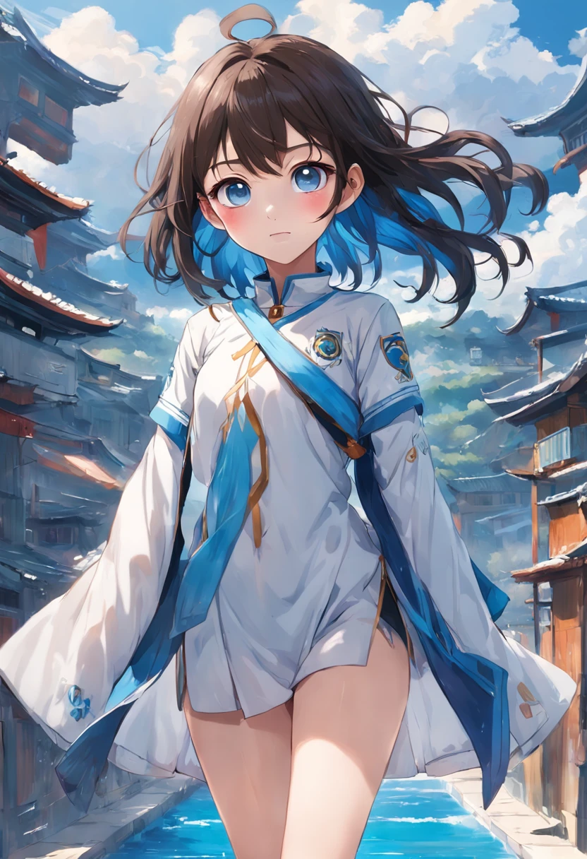 best qualtiy，highly  detailed，tmasterpiece，ultra - detailed，1girll，Full body like，simplebackground，blue sky background，Elaborate Eyes，Brown-black hair，blue colored eyes，White tender long legs，short detailed hair，Lively and cheerful，female high-school student，Water spirit eyes，White skin and beautiful appearance，Melon seed face， sister，Laughing expressions，grin face，Modern style，sporty attire，Simple sportswear