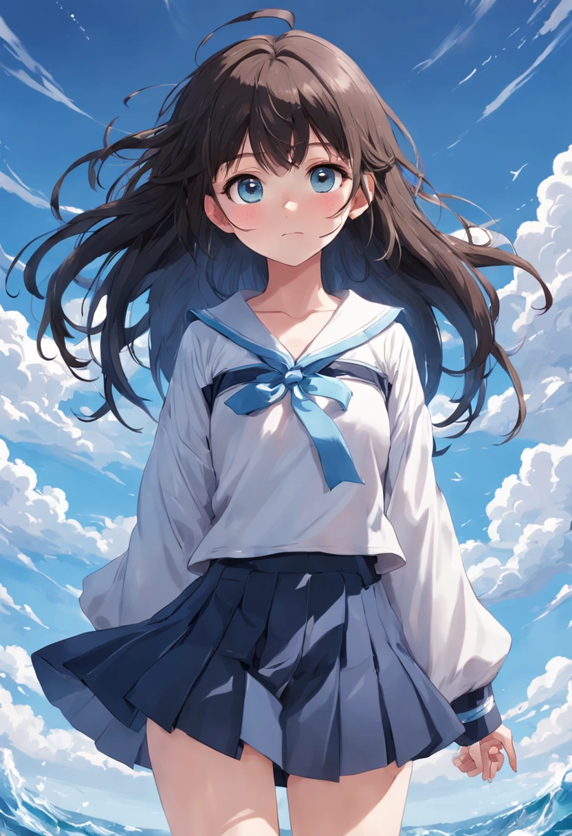 best qualtiy，highly  detailed，tmasterpiece，ultra - detailed，1girll，Full body like，simplebackground，blue sky background，Elaborate Eyes，Brown-black hair，blue colored eyes，White tender long legs，short detailed hair，Lively and cheerful，female high-school student，Water spirit eyes，White skin and beautiful appearance，Melon seed face，Little sister，Laughing expressions，grin face，Modern style，sporty attire，Simple sportswear