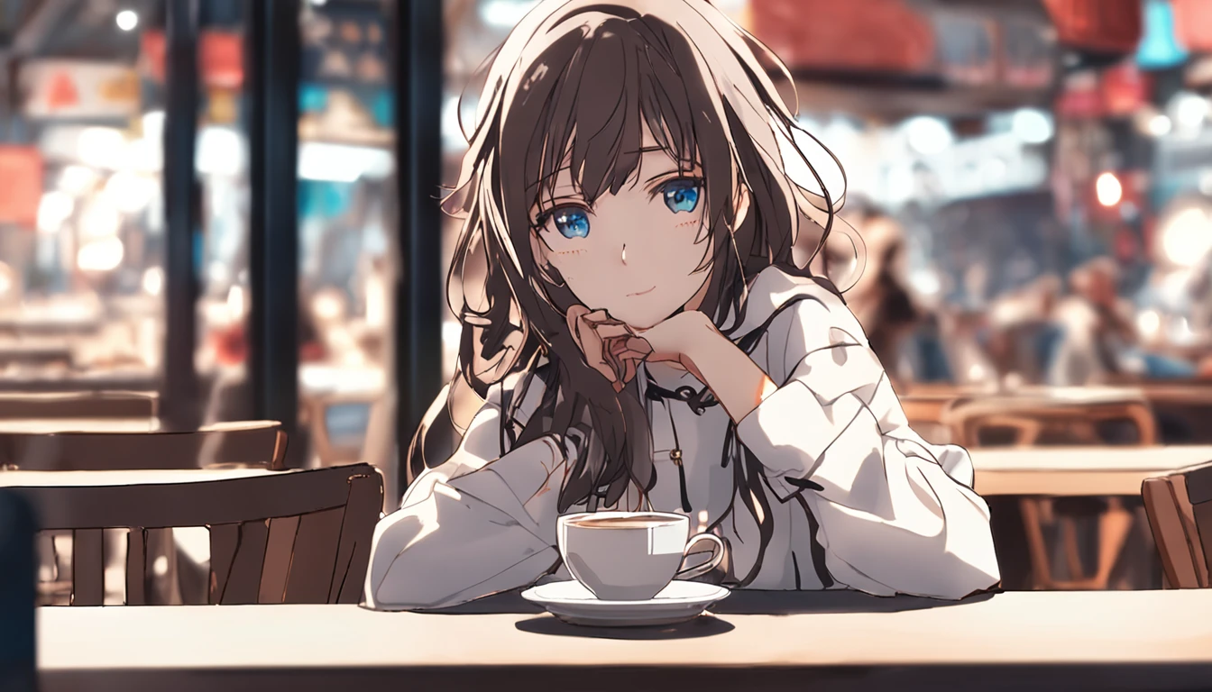 Girl sitting at a table with a cup of coffee, garota misteriosa da cafeteria, sitting at a café, sitting in a cafe alone, visual anime de uma menina bonito, sitting alone in a cafe, Kawacy, estilo anime 4K, anime moe artstyle, Menina anime com cabelo longo, in a coffee shop, menina anime bonita, Papel de parede anime 4k