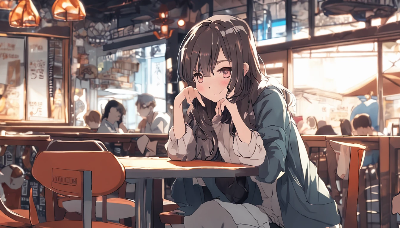Girl sitting at a table with a cup of coffee, garota misteriosa da cafeteria, sitting at a café, sitting in a cafe alone, visual anime de uma menina bonito, sitting alone in a cafe, Kawacy, estilo anime 4K, anime moe artstyle, Menina anime com cabelo longo, in a coffee shop, menina anime bonita, Papel de parede anime 4k