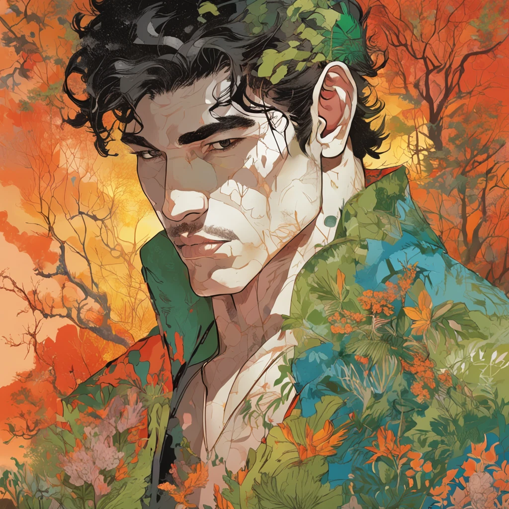 a beautiful man, masculine with clothes of the character tarzan, the king of the forest, masculine beauty, strong, fit and athletic, he is inserted in a forest with Intricate details of the painting of the Japanese forests, by Range Murata, galaxy in the background, cloud, Colors vivid, high contrast, mountain, vector line art, Orange Highlights, Trending on Pixiv, Anime Concept Art, Stick, Mat, high quality, Edge to Edge, Sanskrit