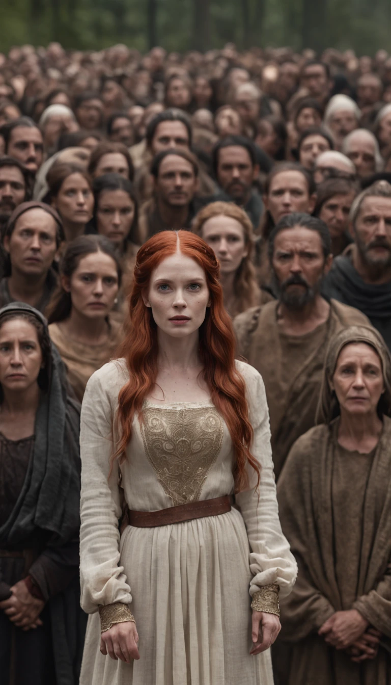 a redhead woman in a biblical dress standing in front of a crowd of people, afterlife, after life, anti life, style of arcane tv series, after all, after a battle, style arcane tv series, altered carbon style, aftermath, after effects, live action movie, alfredo and the afterlife, life after the plague, series on netflix, live action film