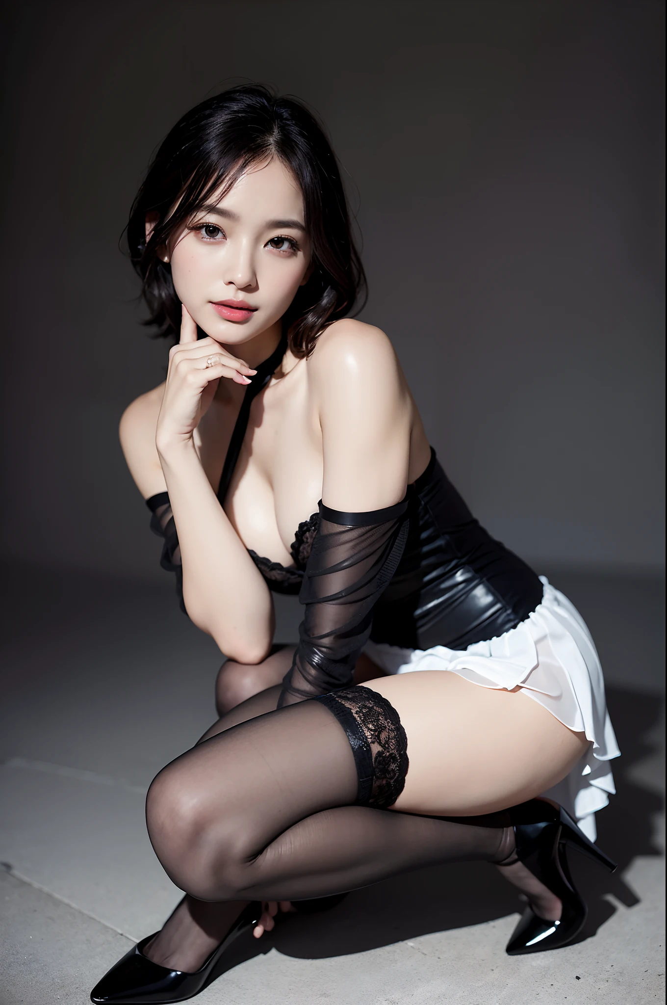 face is :9,983222440],Innocent Girl、Small、A smile、crouching down、sitting on、Luxury high heels、(Wearing a long dress with a flared skirt)、Shoulder out、鎖骨、(Wearing stockings)、Short Layer Hair、Raw photo, (8K、top-quality、​masterpiece:1.2)、(intricate detailes:1.4)、(Photorealsitic:1.4)、octane renderings、Complex 3D rendering ultra detail, Studio Soft Light, Rim Lights, vibrant detail, super detailing, realistic skin textures, Detail Face, Beautiful detail eyes, Very detailed CG Unity 16k wallpaper, make - up, (detailedbackground:1.2), shinny skin、turned around、Exposed thighs!!!、